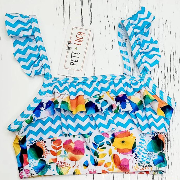 PETE + LUCY Colorful Birds Blue Two PIece Swim Set Size 12-18 month NEW Summer - Picture 2 of 4